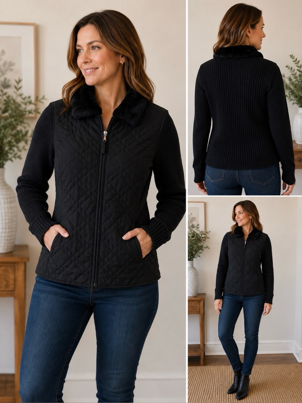 EFFECI Black Quilted Knit Sweater Jacket Faux Fur Collar Zip Front Medium